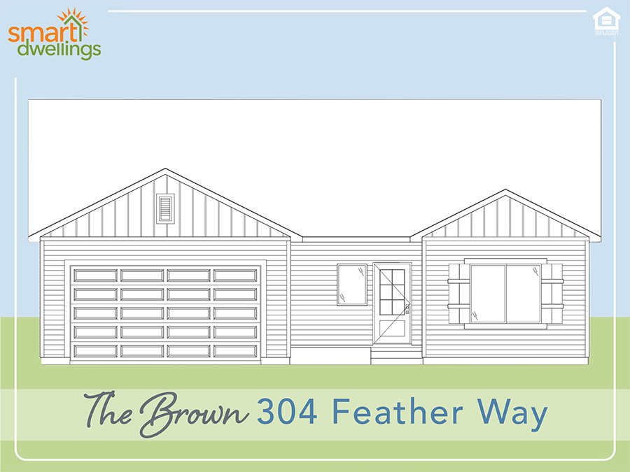 Line Drawing of new home to be built at 304 Feather Way - The Brown - with blue and green background